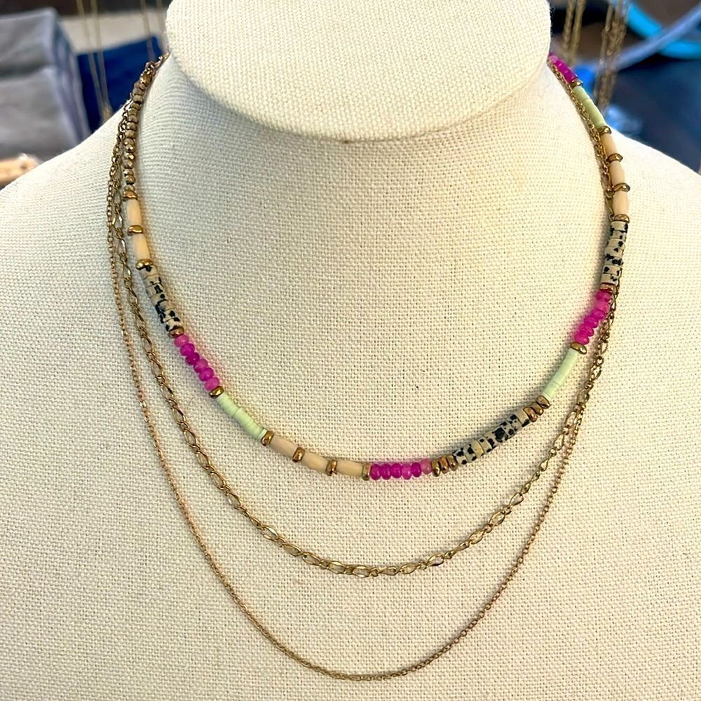 Unknown Brand 3-Strand Necklace, 2 gold strands and a beaded strand
